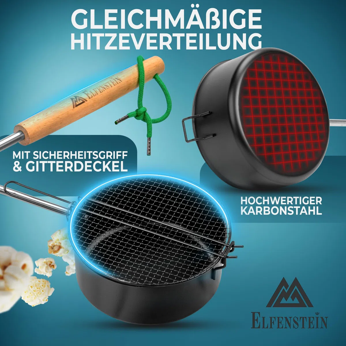 ELFENSTEIN Popcorn Maker Falò in acciaio al carbonio di alta qualità e maniglia di sicurezza, padella per popcorn all'aperto per falò, barbecue e braciere, accessori da giardino e campeggio per