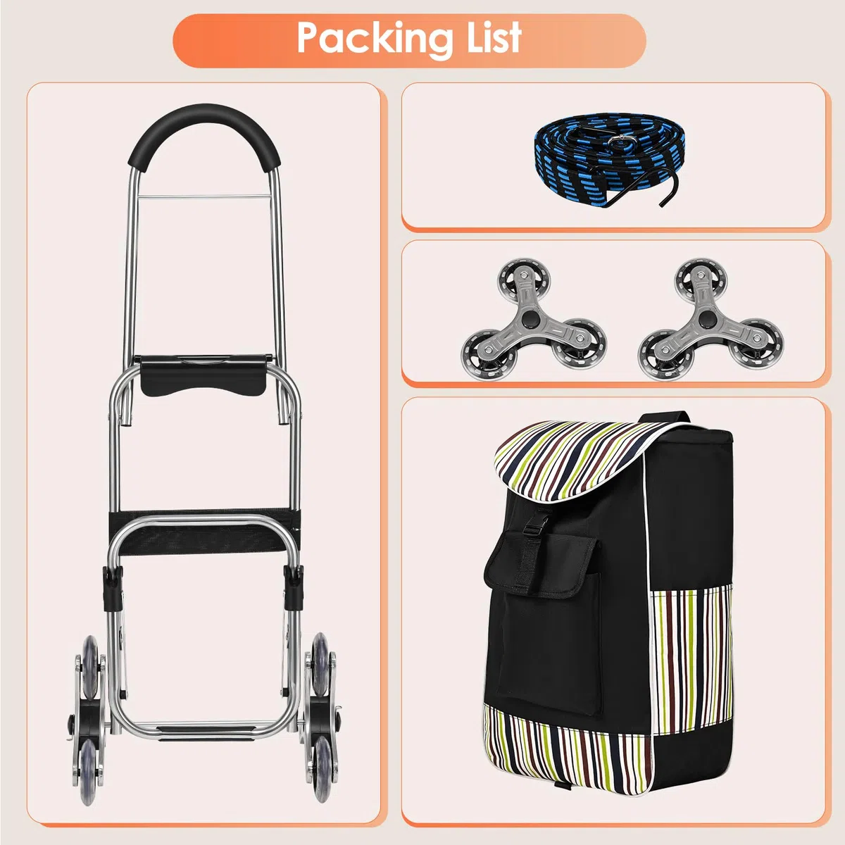 Carrello Spesa con 3 Ruote per Saliscale 3 in 1 Carrello Portaspesa Pieghevole carrello spesa con Sacche di isolamento 32L Borsa Impermeabile Rimovibile