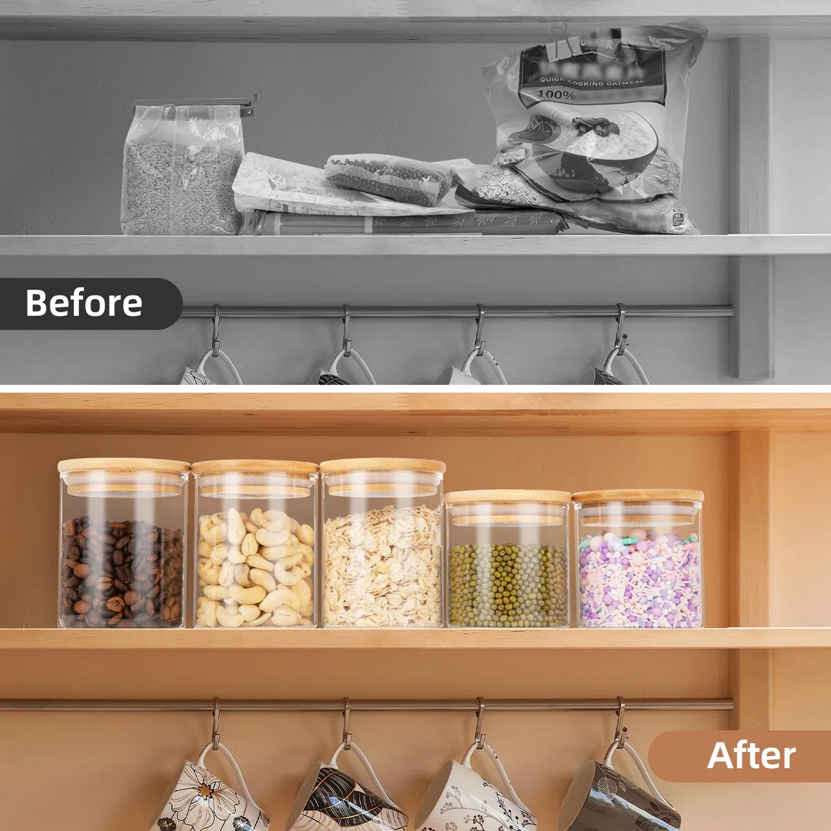 Cinnani Set di 10 Barattoli Vetro con Coperchio,Ermetici,Barattoli da Cucina in Vetro con Coperchio,Contenitori per Alimenti con coperchio di Bambù,barattoli Cucina vetro per Biscotti,Pasta,Cereali