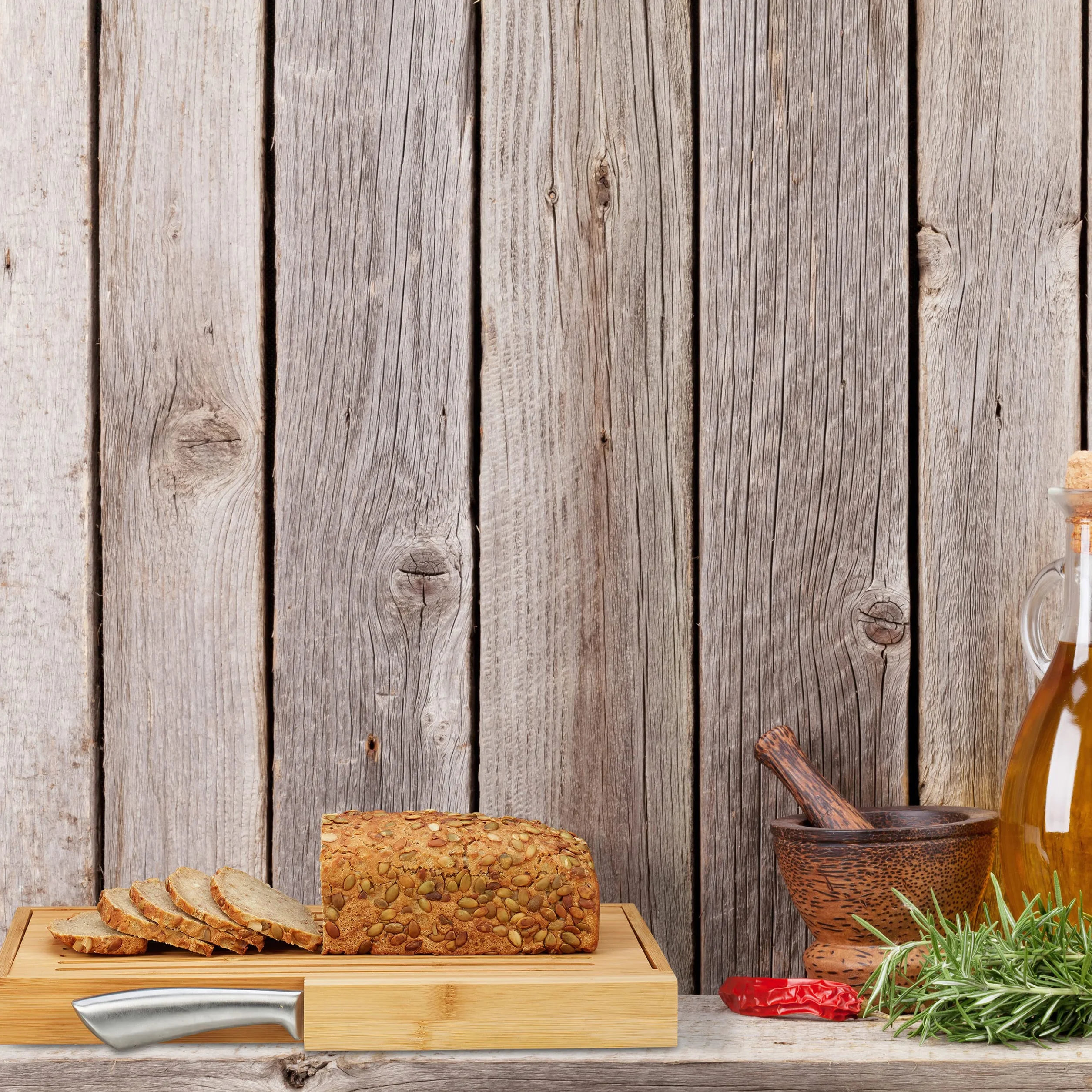 Relaxdays Tagliere per Pane, con Coltello in Acciaio Inox, Raccogli Briciole, Bambù, HLP 4x40x24 cm, Legno Naturale