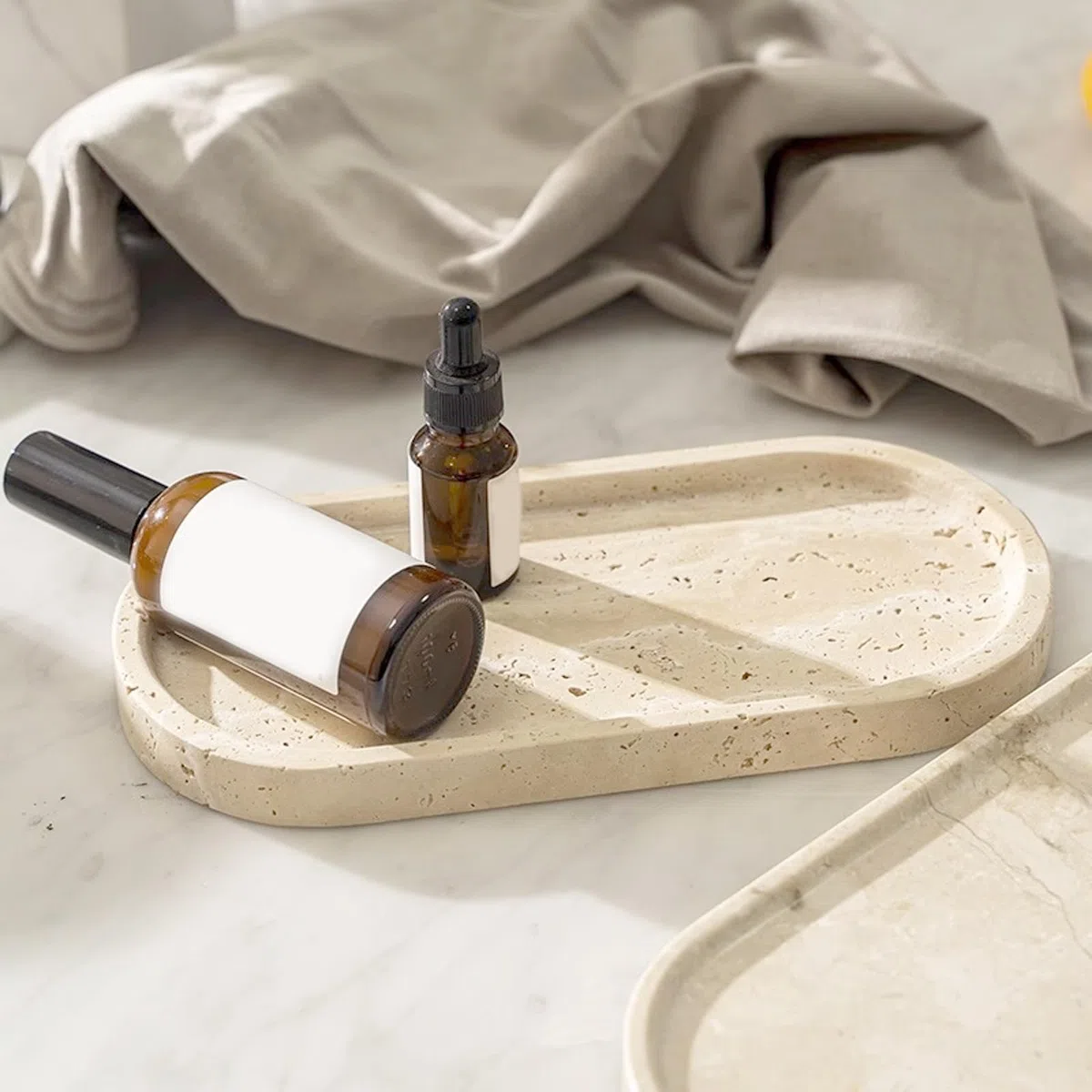 Vassoio decorativo, motivo marmo, vassoio per gioielli, marmo naturale, beige, piatto ovale decorativo, profumo, cosmetici, gioielli, candele, chiavi, vassoio per soggiorno e camera da letto