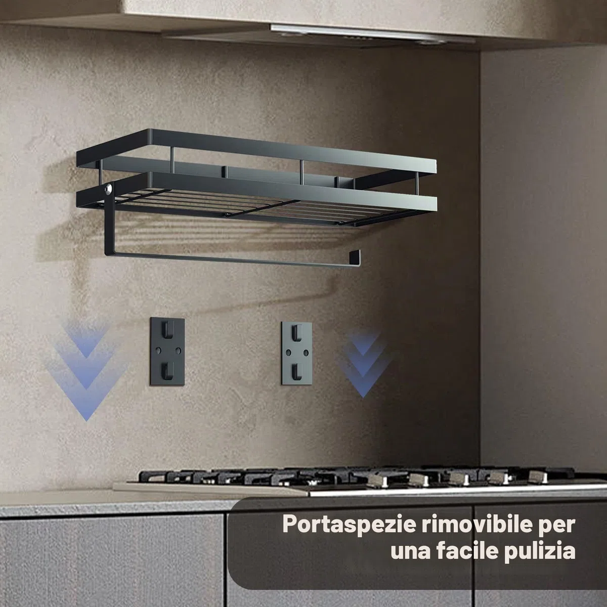 PortaSpezie,porta spezie per cucina, da parete,portaspezie da appendere da appeso con 4 ganci rimovibili,con porta rotolo da cucina, organizer barra portautensili cucina,35 cm,nero