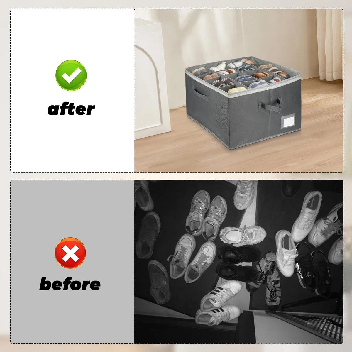 Organizer Scarpe per Armadio, Portascarpe per 16 Paia, Scatola Scarpiera, Organizer per scarpe, Scarpiera Salvaspazio, Porta Scarpe con Supporto Inferiore e Manici Rinforzati, Grigio