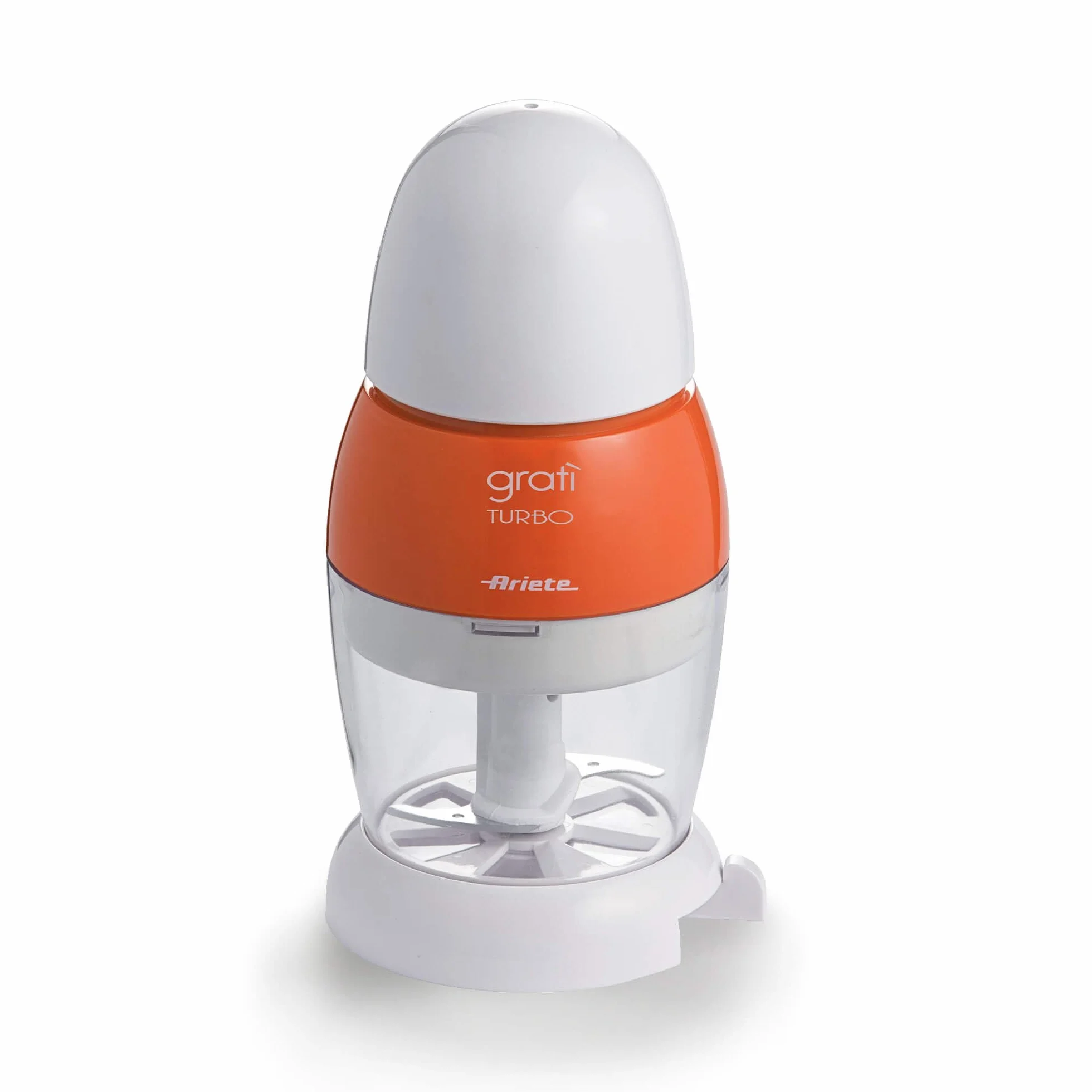 Ariete 439 Gratì - Turbo Grattugia Elettrica, Formaggera, Coperchio Salvafreschezza, Capacità Tazza 200 Cc, Lama Inox, Dosatore Incorporato, 200W, Bianco/Arancio