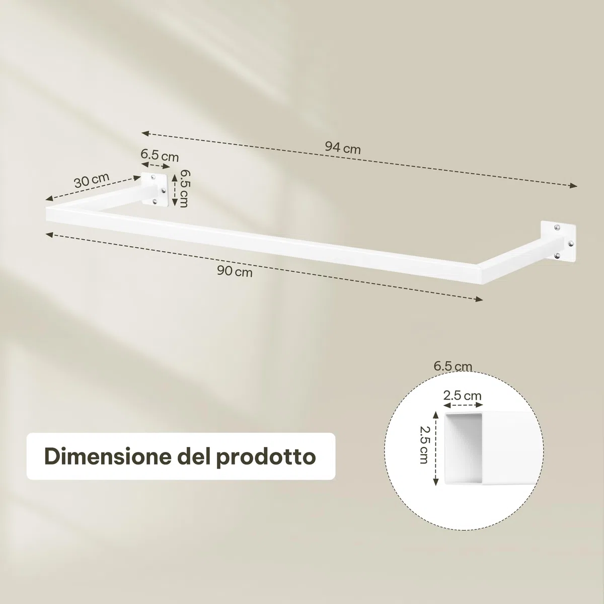 eSituro Appendiabiti a Parete con Tubo Quadrato Industriale 94 cm, Attaccapanni Resistente per Lavanderia, Soggiorno e Guardaroba, Bianco