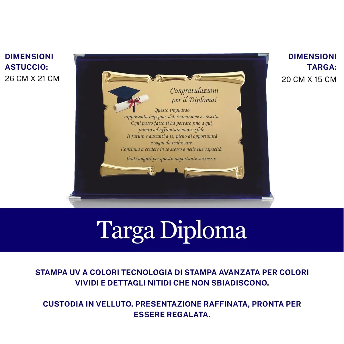 Targa Diploma con Pergamena in Cofanetto Velluto – Idea Regalo Diploma – Targa Celebrativa con Dedica – Ricordo Elegante per Diplomato e Diplomata (Blu)