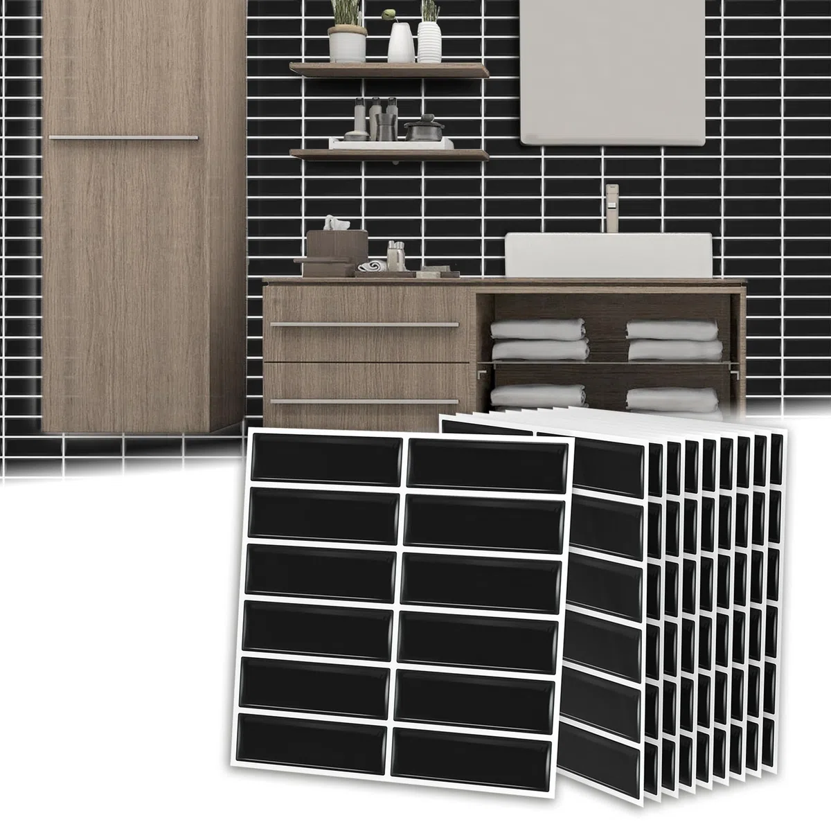 LZQ Lot de 10 adesivi 3D - 30 x 30 cm - Piastrelle adesive in PVC per cucina, bagno, cucina, muro posteriore - Piastrelle a mosaico (tipo A, nero)