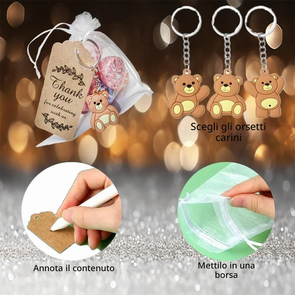 60 confezioni di bomboniere per feste, bomboniere per baby shower con orsi, inclusi portachiavi a forma di orso, sacchetti di organza, etichette Kraft per forniture per feste di compleanno per bambini