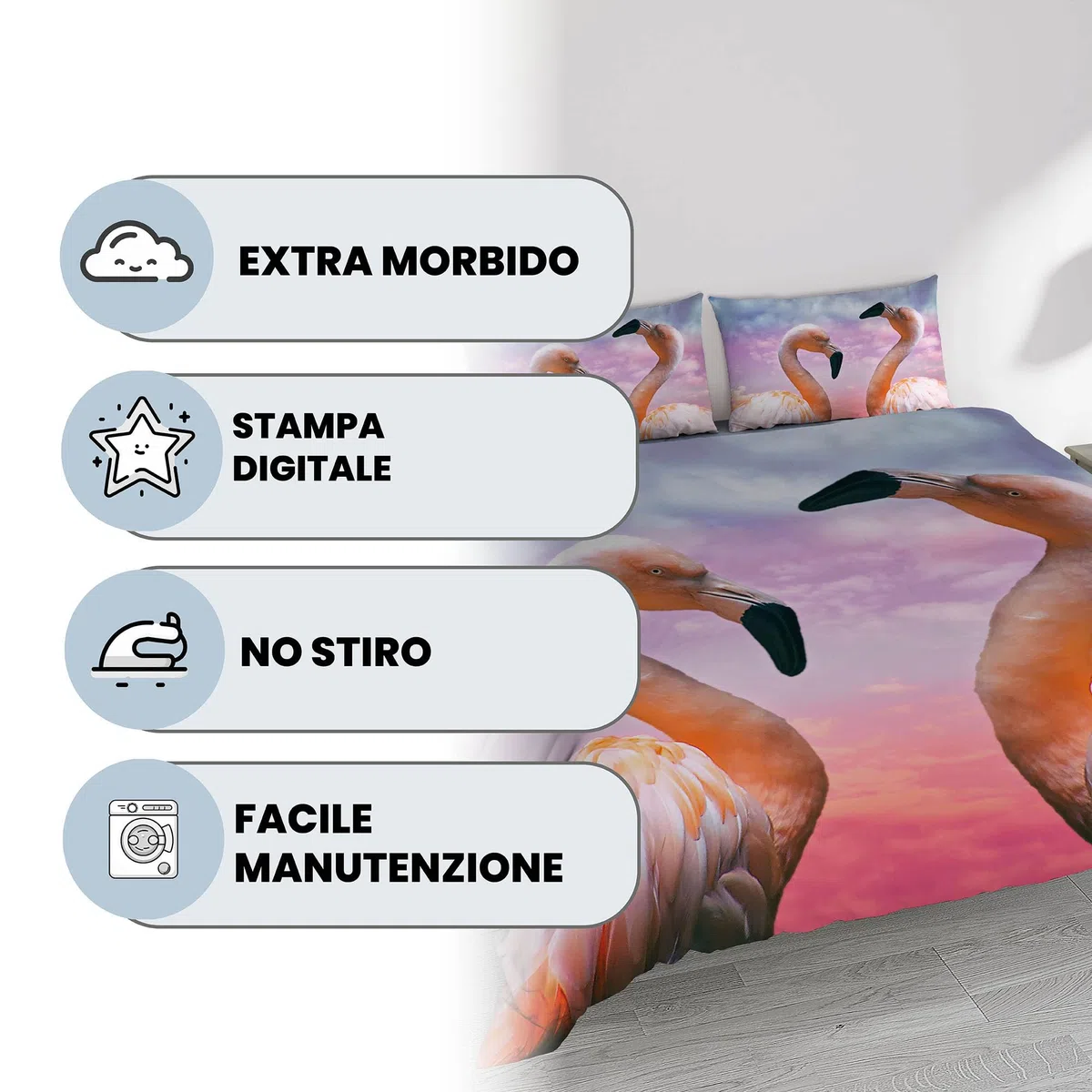 Parure Copripiumino stampa digitale GOODNIGHT - Made in Italy 100% microfibra con trattamento Mano Pesca - Sacco Piumino letto Matrimoniale 250x200 cm con patella + 2 federe - FLAMINGO