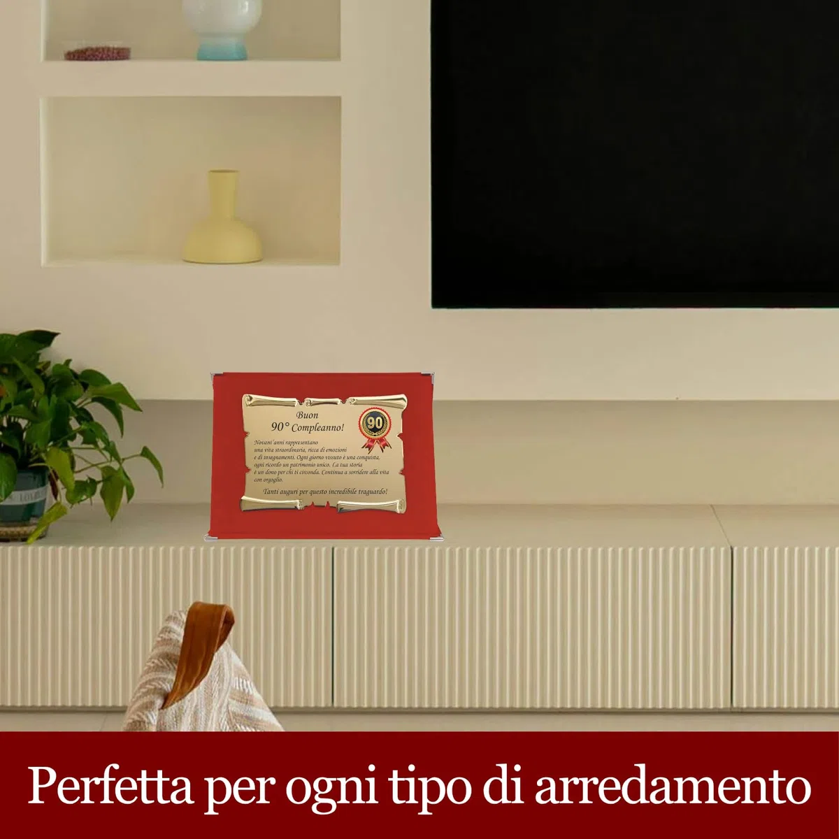 Targa Compleanno con Pergamena – Targa Celebrativa in Cofanetto Velluto – Idea Regalo Elegante per Compleanno e Ricorrenze – Targa Ricordo (Rosso, 90 Anni)