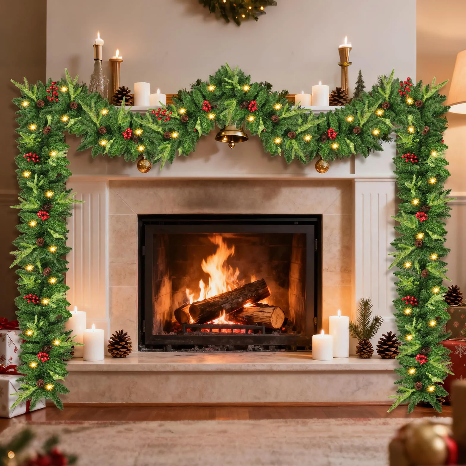 Ghirlanda Natalizia, 2.7M Ghirlanda di Natale per Porta Decorativa, Ghirlanda di Natale Artificiale con Luci 30 LED, Festone Natalizio Luminosa Adatto per Scale, Camino, Pareti, Esterno