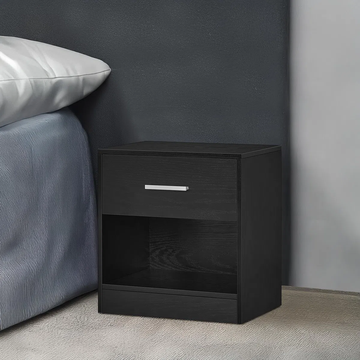 IlGruppone Comodino Moderno Cassetto con Maniglia E Scomparto Aperto Camera da Letto Portalibri Oggetti Mensola Libreria - Nero