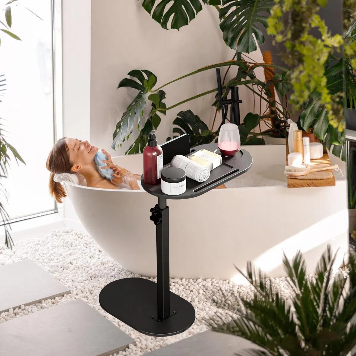 PORFOYO Tavolino in legno, a forma di C e piano girevole a 360 gradi, altezza regolabile da 41 a 81 cm, tavolini per soggiorno, divano, bagno, letto come tavolino da caffè o tavolo per laptop