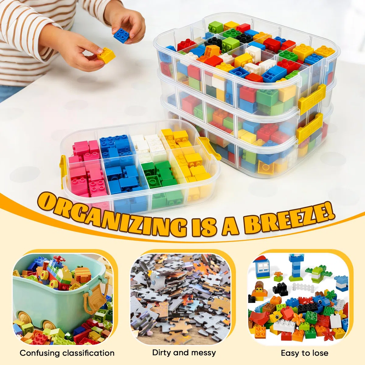 Scatola Porta Mattoncini 4 Cassetti con Coperchio, 33x25x26 cm, Contenitore Trasparente per Organizzare Mattoncini e Puzzle, con Maniglia e Vassoio Estraibile (5L, Giallo)