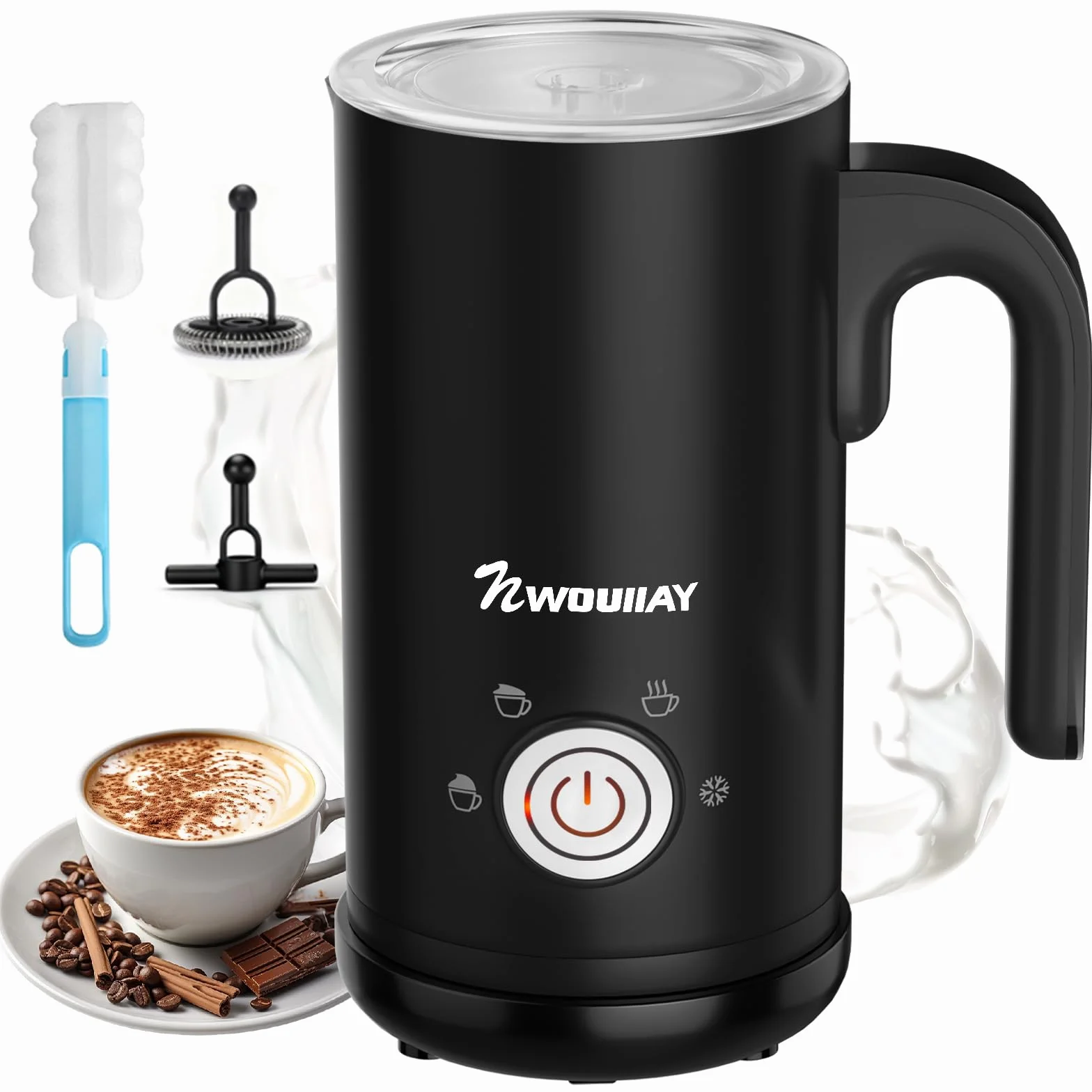 Montalatte Elettrico 4 in 1 Cappuccinatore Elettrico 300ML 600W Silenzioso con Manico per Caldo e Freddo Schiuma di Latte Rivestimento Antiaderente per Latte Cappuccino Macchiato