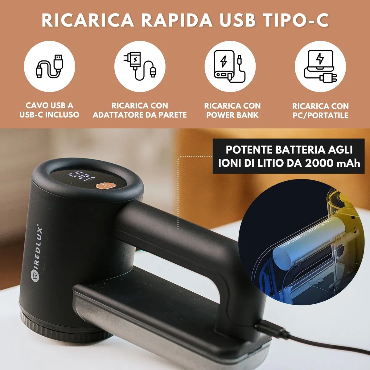 Levapelucchi Elettrico WiredLux - Levapelucchi Ricaricabile per Vestiti e Mobili - 3 Velocità Regolabili, Spazzola a 6 Lame, Display a LED, Ricarica USB (Nero)