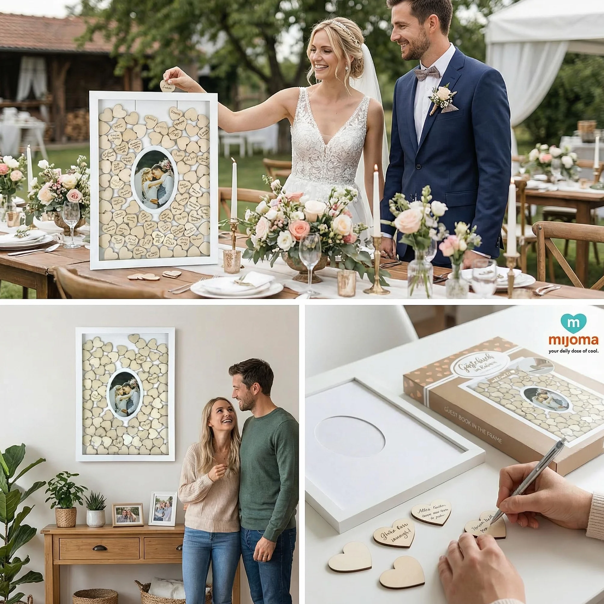 MIJOMA Libro degli ospiti - Cornice portafoto con 72 cuori in legno per matrimoni e feste, opere d'arte personalizzabili, bianco/naturale
