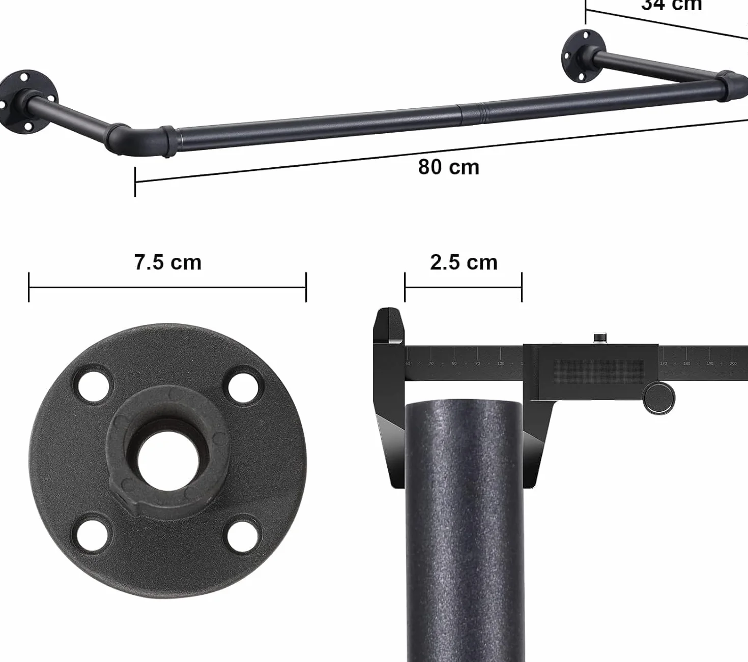 Barra Appendiabiti da Parete, 120cm Appendiabiti per Tubo Industriale in Acciaio inossidabile Asta Appendiabiti da Parete Rustico Vintage in Stile/Nero Opaco