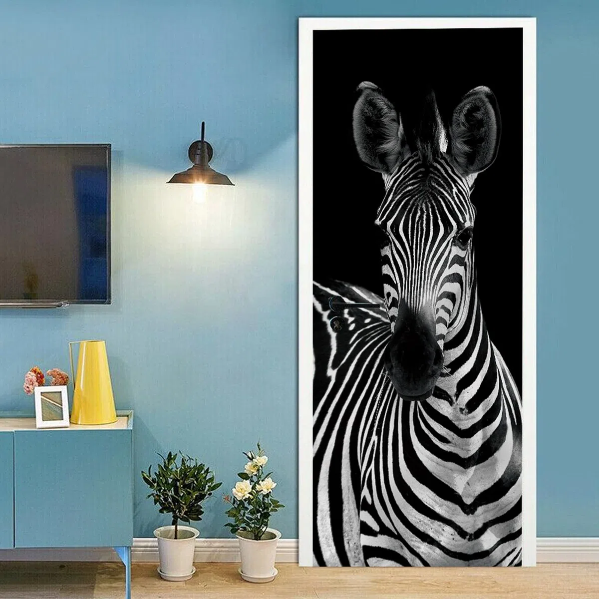A.Monamour Adesivo Porta Autoadesiva Zebra in Bianco E Nero A Tema Animale Vinile PVC Adesivi per Porte Interne 3D Pellicola Adesiva Poster Sticker Murale Parete Carta da Parati
