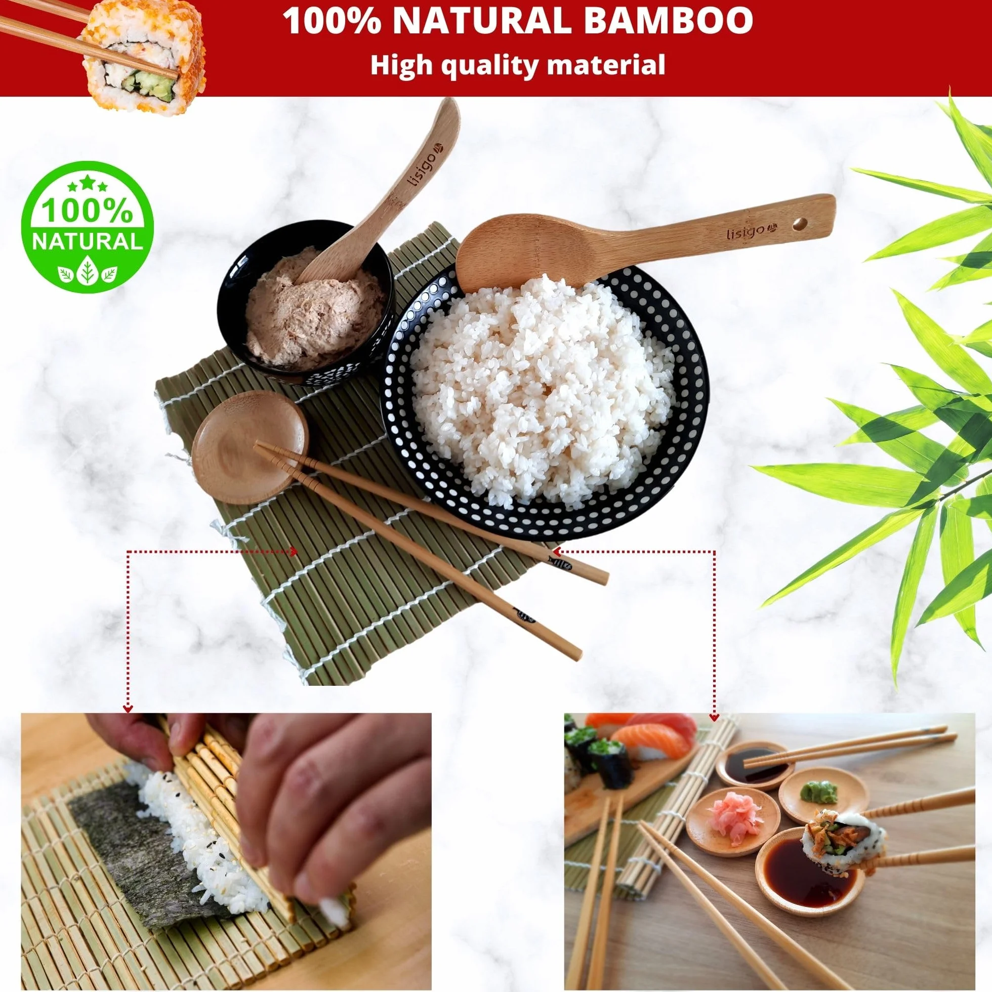 Kit sushi maki maker completo – Apparecchio per produzione di sushi makis – Cofanetto con stuoia in bambù, coltello giapponese, bacchette, stampo per maki, senza BPA – idea regalo uomo donna