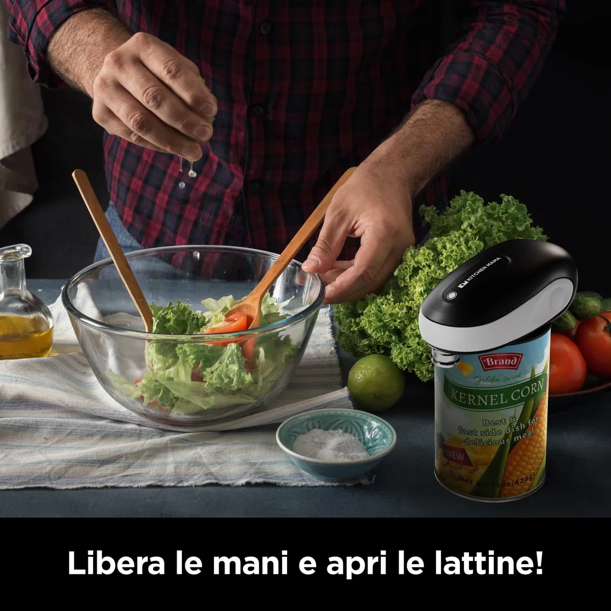 Apriscatole elettrico Kitchen Mama One-To-Go: Apre con un Tasto, Riconosce Automaticamente Tutte le Lattine, con Auto-Stop, No Bordi Taglienti, Dispositivo Rimozione Coperchio, a Batteria (Bianco)