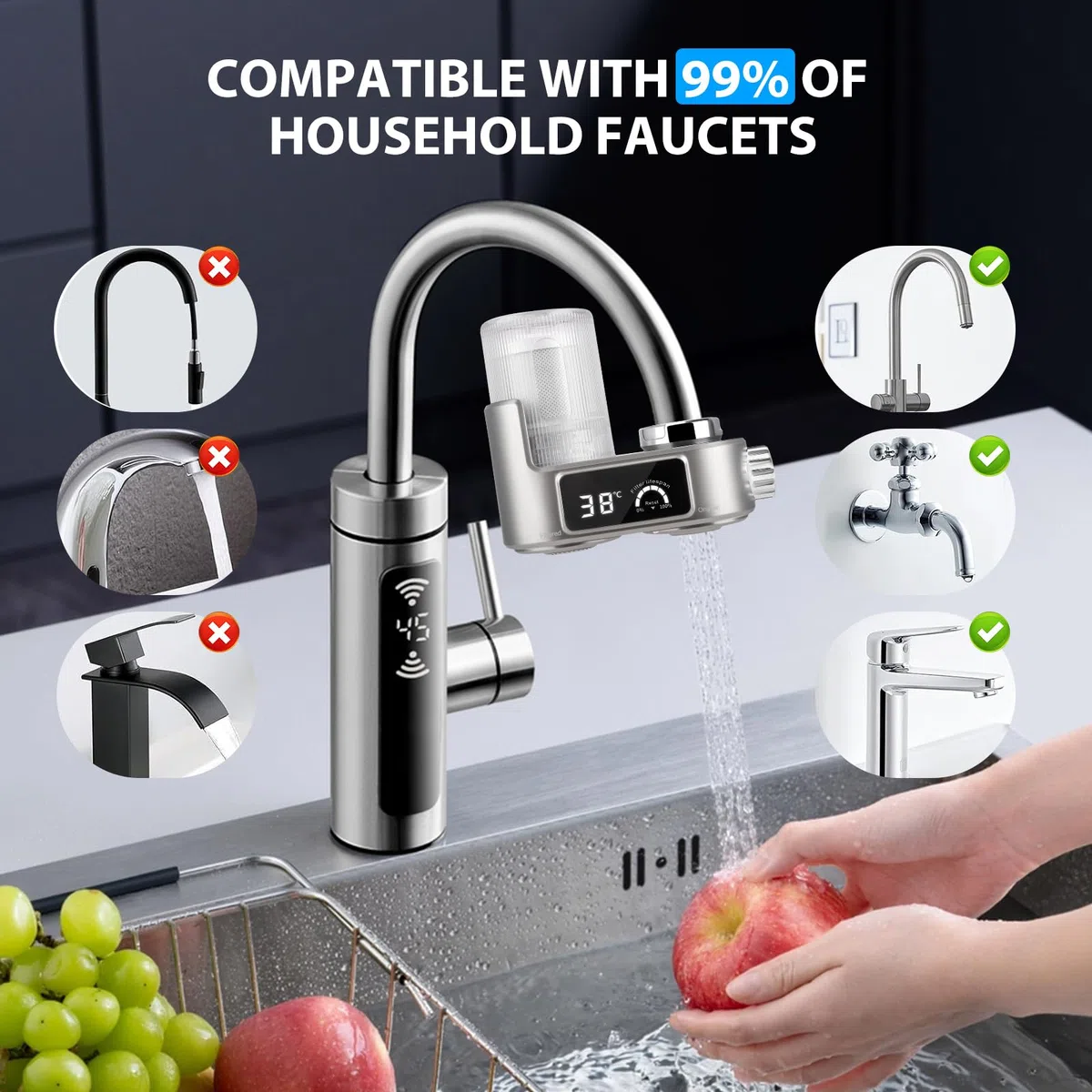Depuratore Acqua Rubinetto con Display LED – Filtro Anticalcare Rubinetto a 8 Strati, Tecnologia Microbolle, 6 Adattatori Universali, Purificatore Acqua per Cucina, Elimina Cloro e Impurità