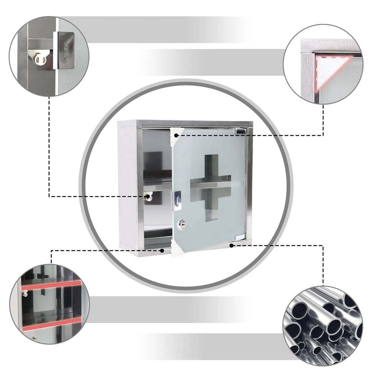FIVMEN Armadio per medicinali in acciaio inox, con 2 scomparti, per farmacie, da appendere con porta in vetro e 2 chiavi, armadietto per medicinali, 30 x 30 cm