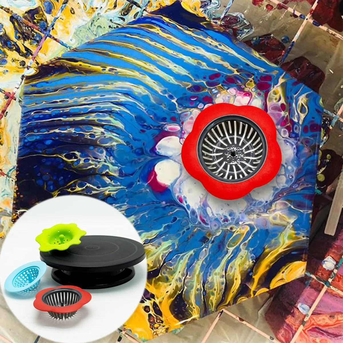 Giradischi girevole da 28 cm per scolpire la torta, girevole nero, per pittura a spruzzo di vernice, con supporti di supporto in tela a cono e 3 filtri per versare in acrilico