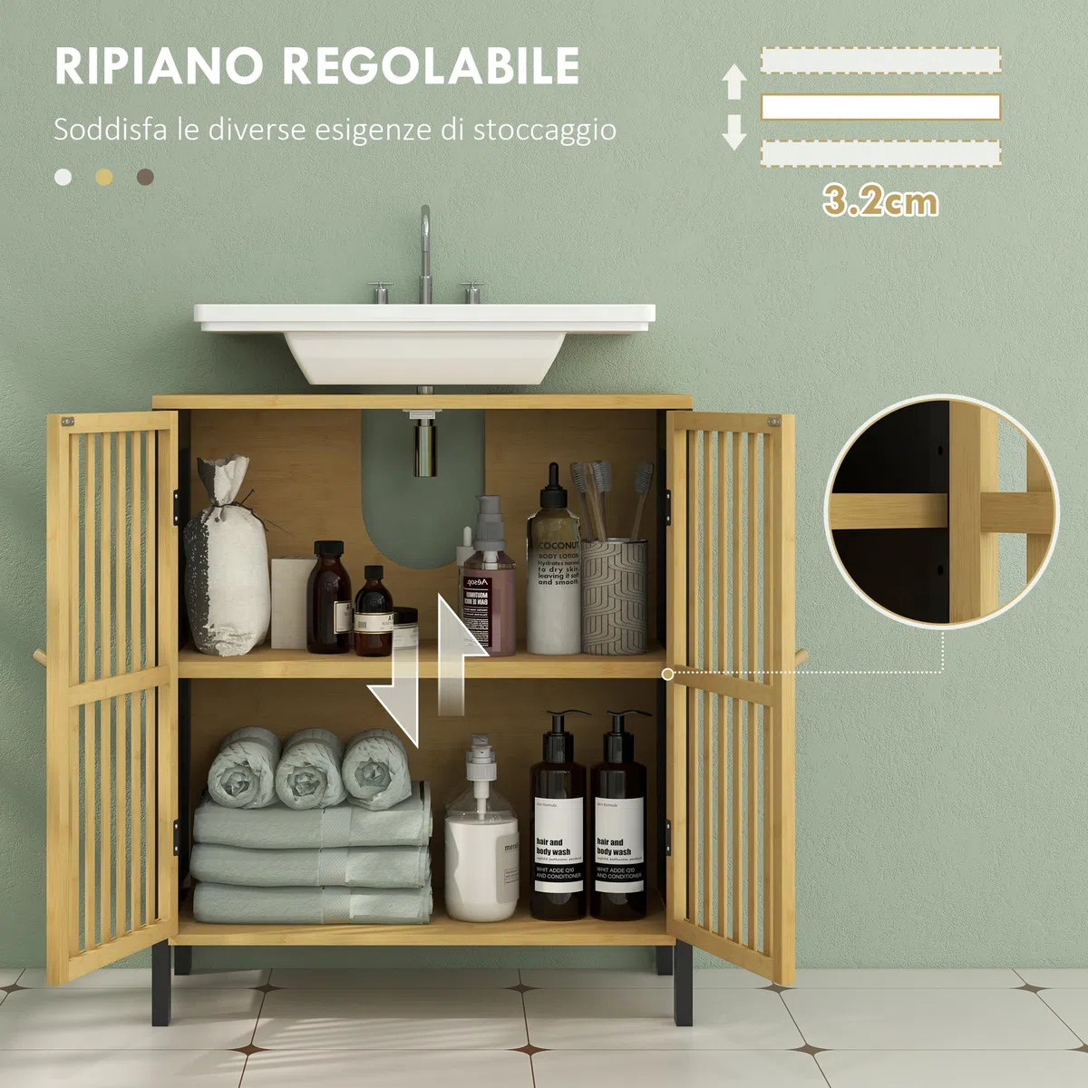 HOMCOM Mobile Sottolavabo Bagno con 2 Ante a Doghe, Armadietto Bagno in Legno di Bambù e MDF con Intaglio a U per Tubi, 60x30x70cm, Nero