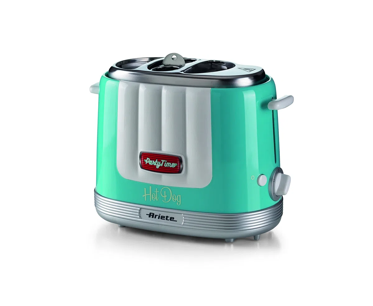 Ariete 206 Hot Dog Maker Party Time, Macchina per fare hot dog, 650 W, 5 livelli di cottura, 4 spazi di cottura, Espulsione automatica, Azzurro
