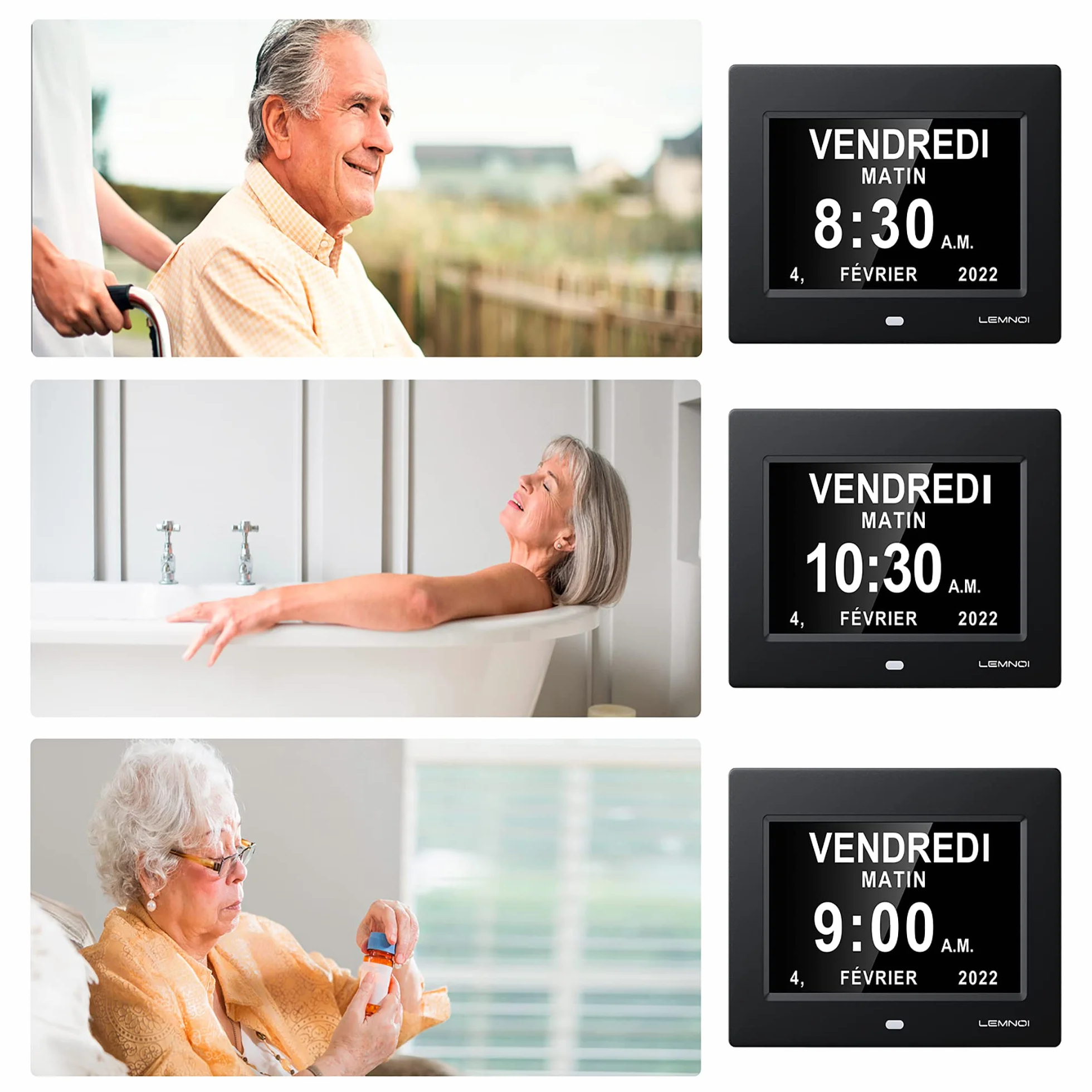 LEMNOI Orologio digitale da 7" pollici, con data, giorno e ora, orologio non dimmerato, 8 lingue, HD, visualizzazione promemoria per persone anziane e bambini