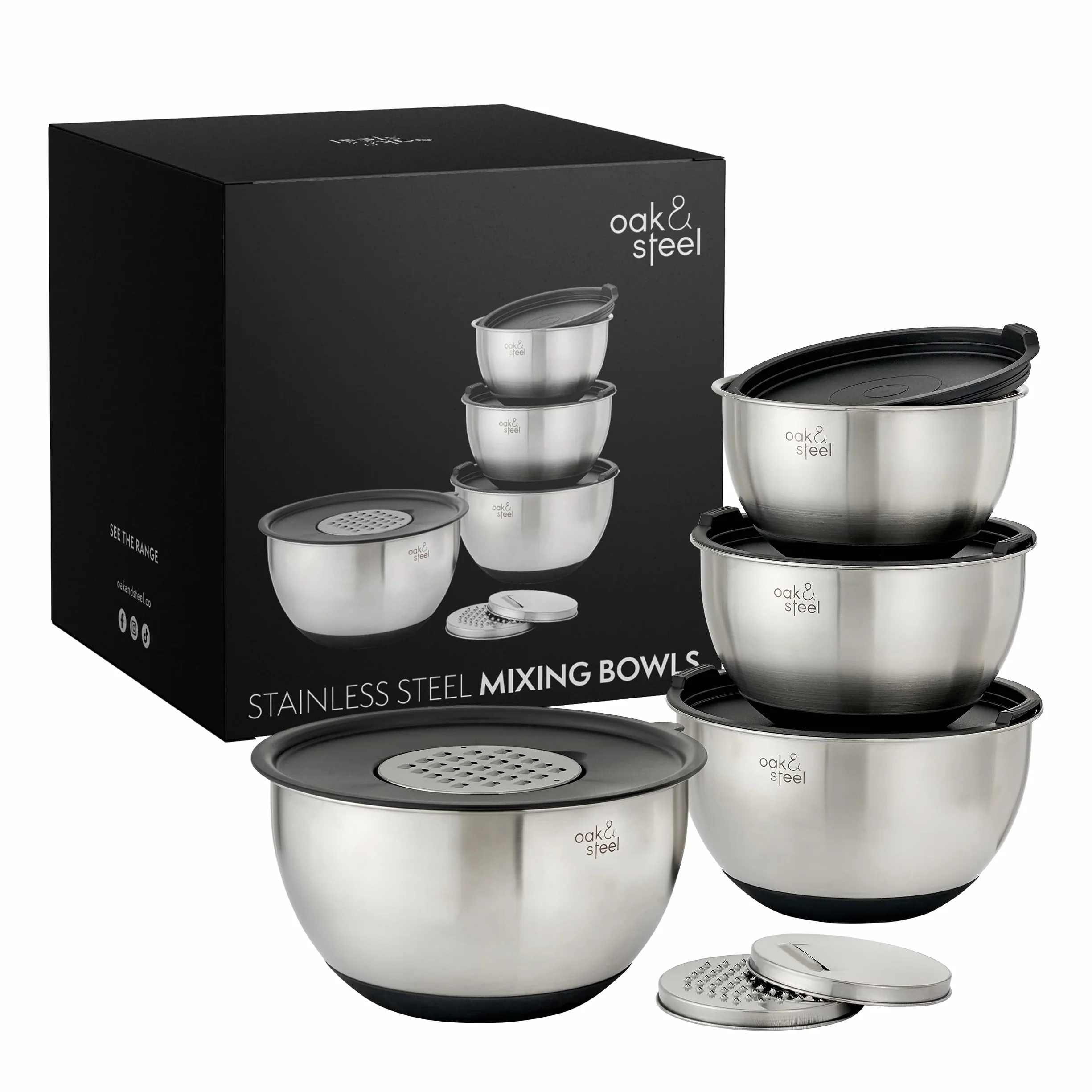 Oak & Steel - 4 Ciotole per Impastare in Acciaio Inox con Base Antiscivolo, Insalatiera (4,5 l, 3,5 l, 2,5 l, 1,5 l), 4 Coperchi ermetici e 3 Grattugie Regolabili