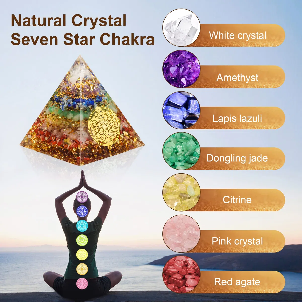 The7boX Orgone Piramide, 7Crystal Chakra Set con Pendente e Pendolo per Reiki Healing e Crystal Grid Meditation, per Healing Health (6cm*6cm)