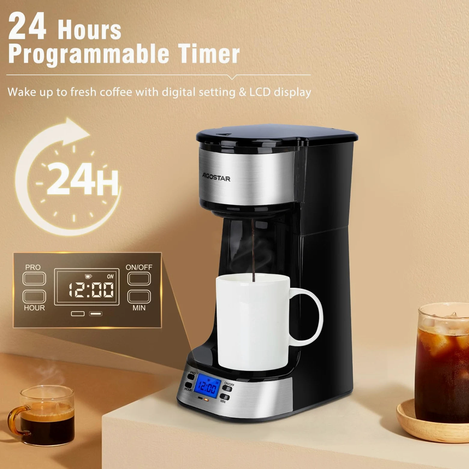 Aigostar - Macchina Caffè Americano a goccia con tazza isolata, Programmabile 24H, Schermo LCD, 420 ml, Funzione AutoPulizia, Caffettiera con filtro per 1 tazza riutilizzabile, 700W, 1 Tazza, Nero