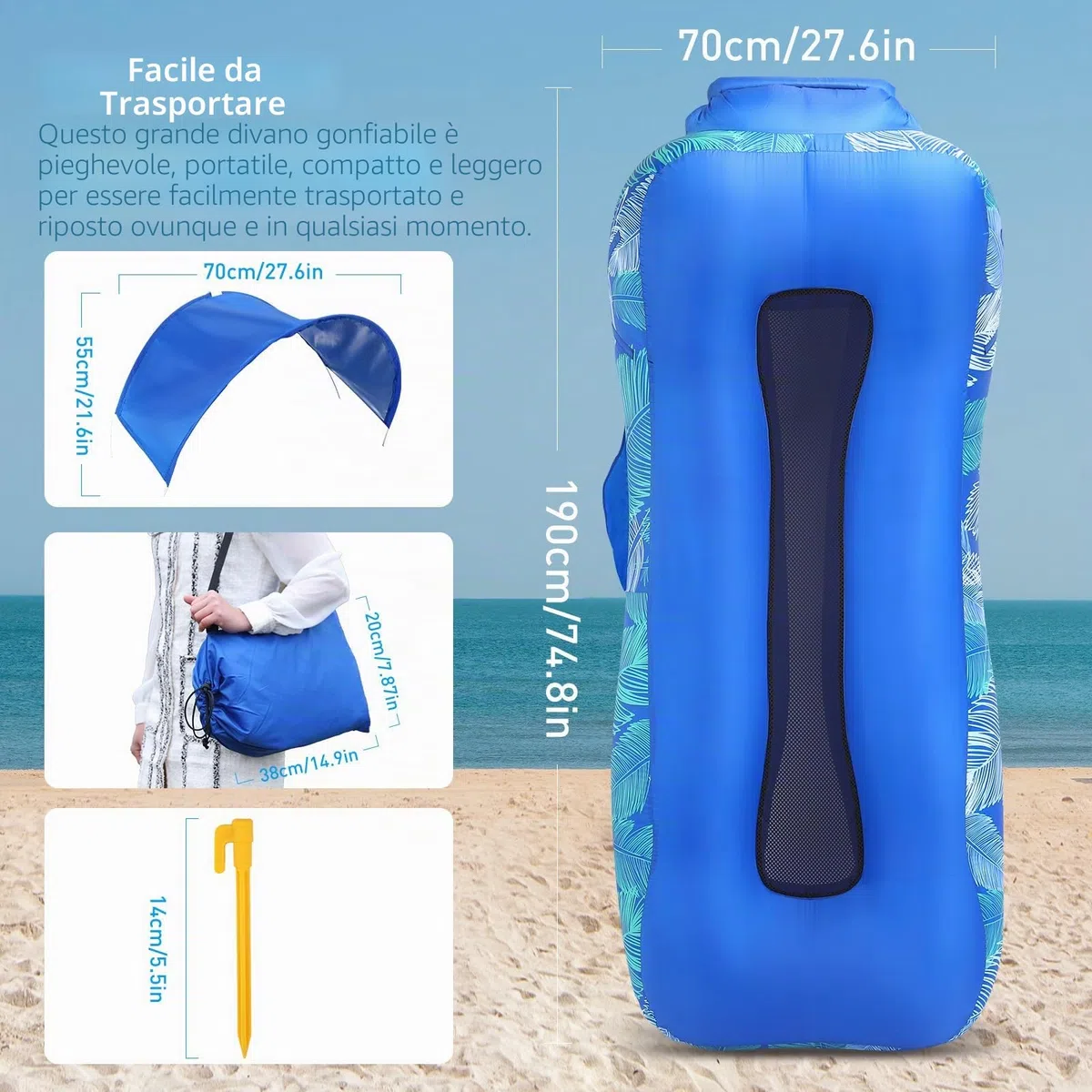 Divano gonfiabile ad aria con design unico, lettino da spiaggia gonfiabile con cuscino, impermeabile, sedia da campeggio, amaca per escursioni, cortile, viaggi, spiaggia, parco, picnic (blu)