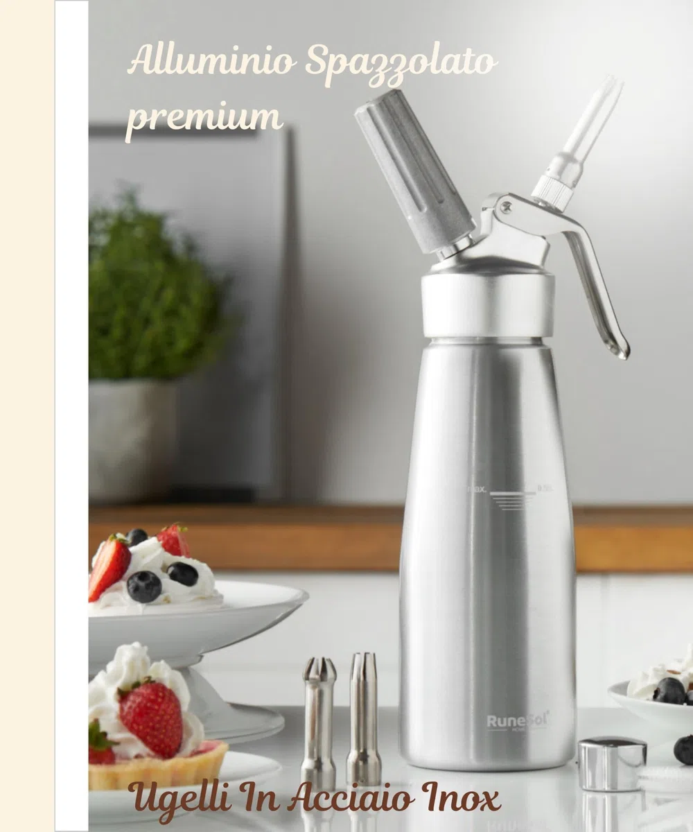 RuneSol Sifone per Cucina Alluminio 500ml con 3 Ugelli Acciaio Inox, Sifone da Panna Montata, Sifoni per Spume Panna Monta Professionale per Decorazione Pasticceria e Dessertf
