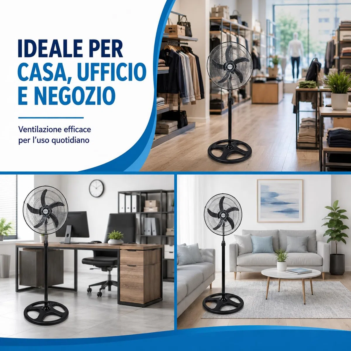 WENZO Ventilatore a Piantana 65W con 5 Pale in Alluminio, 3 Velocità, Oscillazione Laterale Automatica, Altezza Regolabile fino a 125 cm, Ventilatore da Terra Potente per Casa, Ufficio e Negozio
