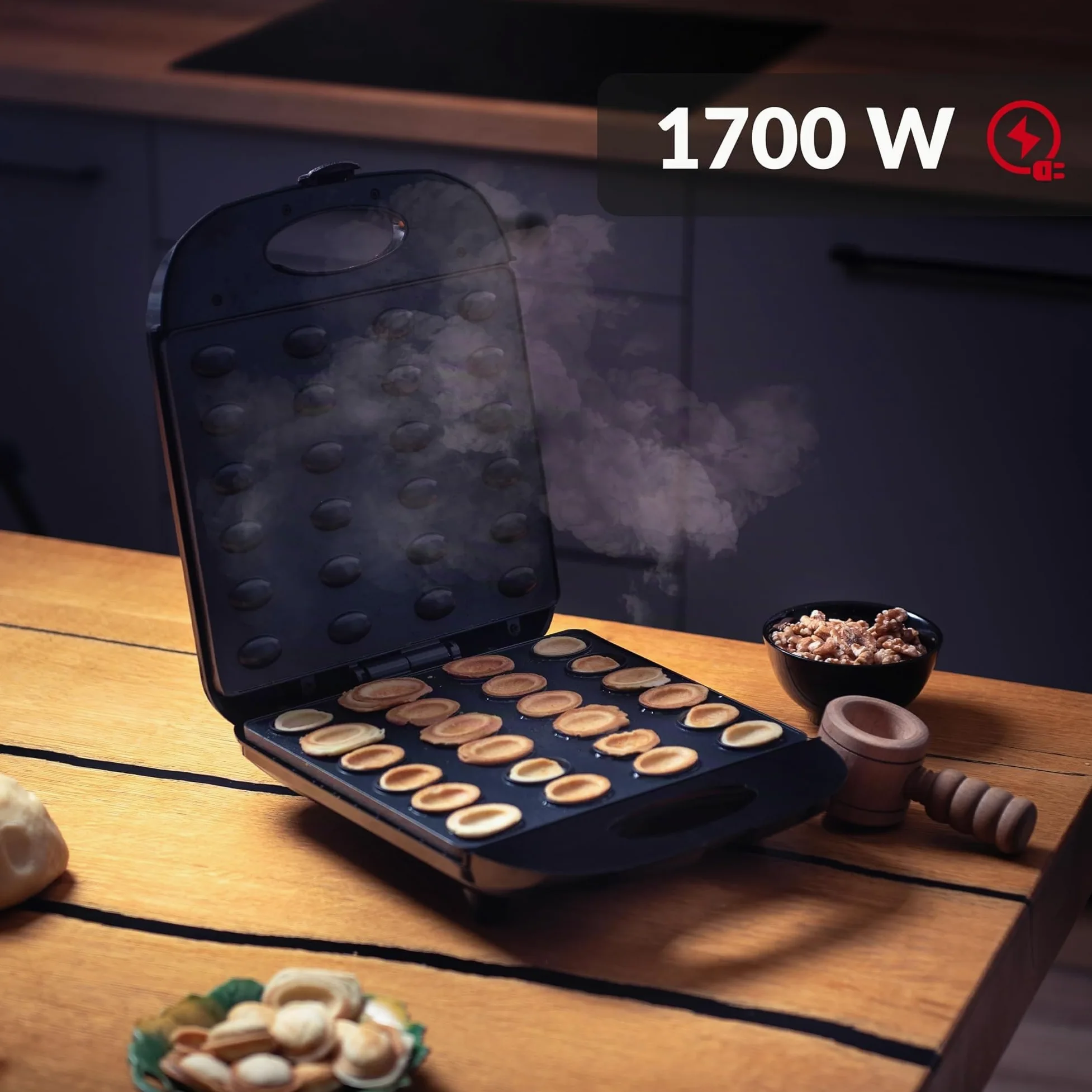 LEHMANN Macchina per Noci Dolci Elettrica,1700 W, Piastra per Noci Dolci con Rivestimento Antiaderente, per 24 Mezze Noci, per la Farcitura con Crema, Macchina per Biscotti Elettrica Oreshki
