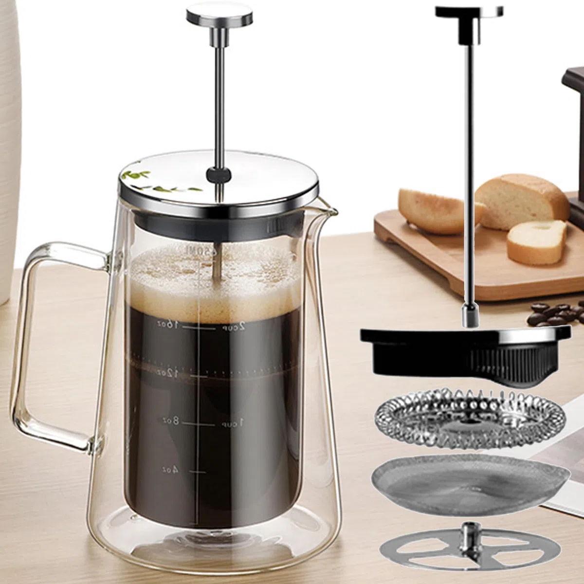 Caffettiera francese da 2 tazze, per filtrare caffè, tè sfuso e schiuma di latte, con triplo filtro in acciaio inox, piccola pressa per tè in vetro borosilicato resistente al calore