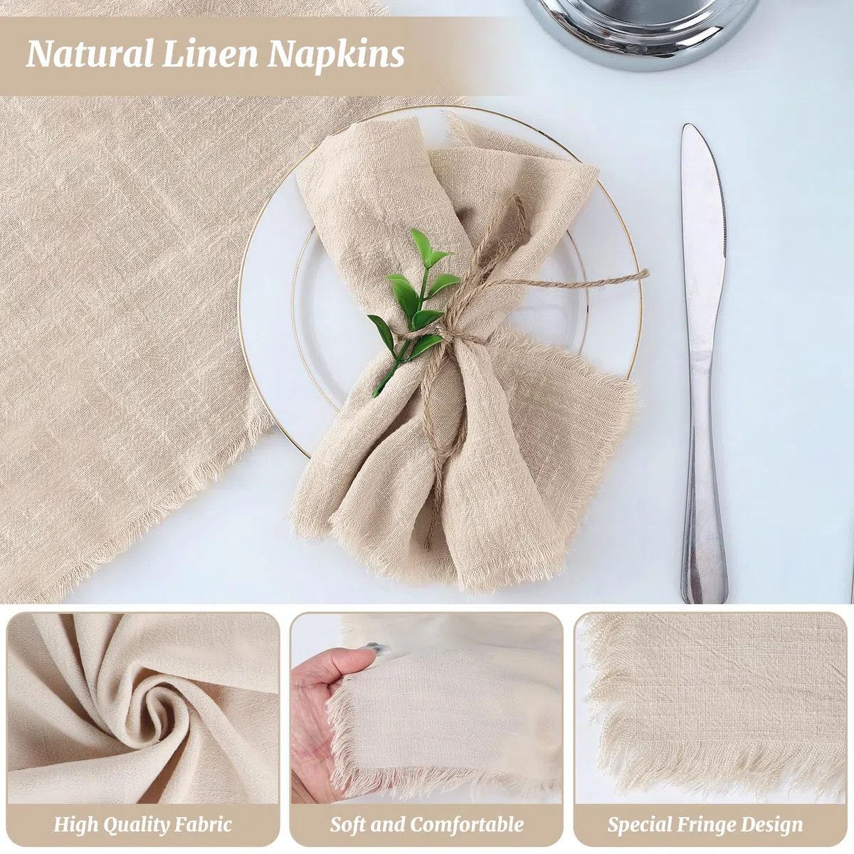 LALAGO 12pcs Tovaglioli Stoffa 45x45cm, Tovaglioli di Stoffa con Frange, Tovaglioli di Lino Cotone Lavabili Riutilizzabili per Matrimoni, Hotel, Ristoranti, Eventi e Feste Beige
