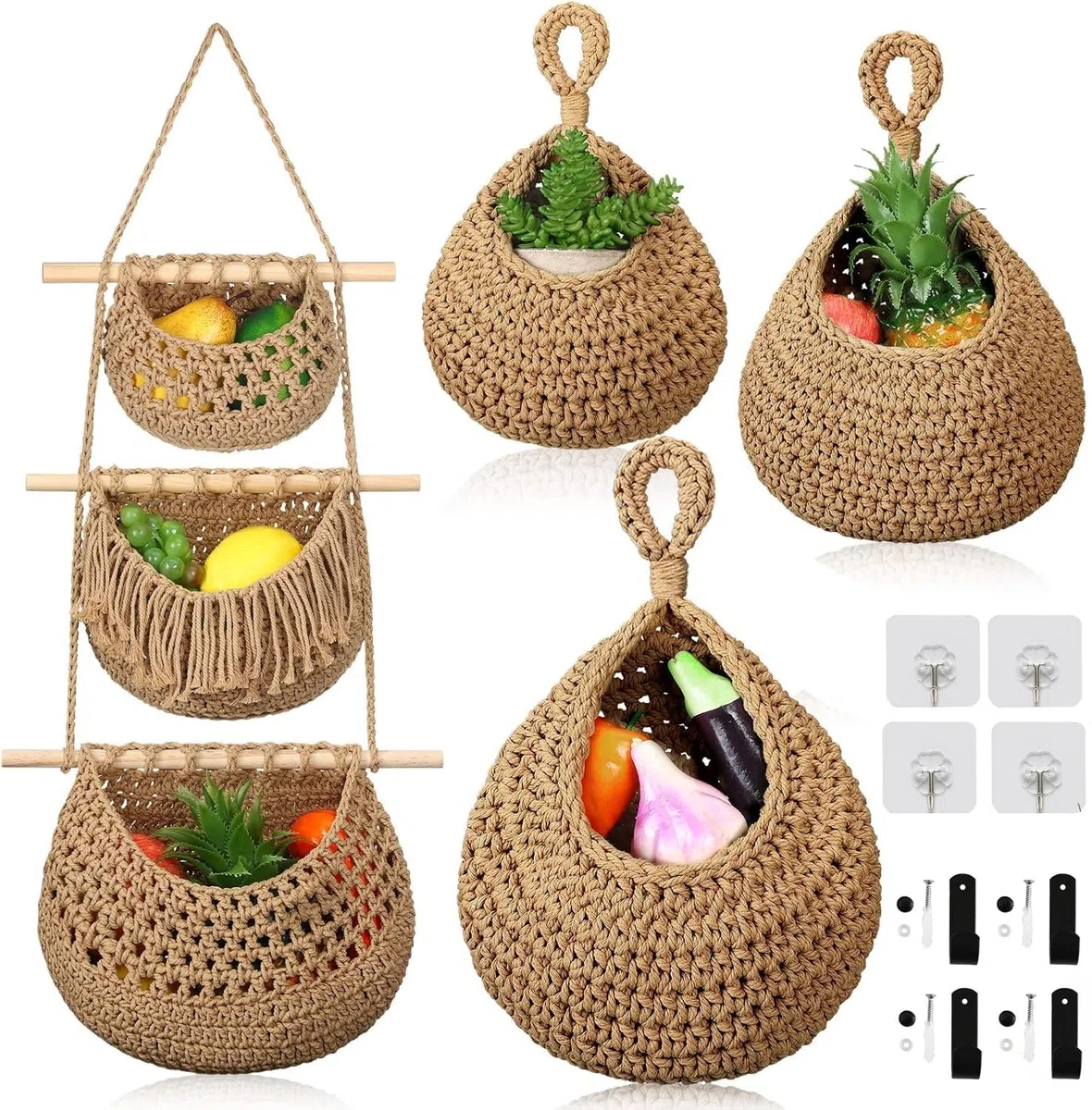 4 cestini da appendere alla parete, per frutta e verdura, in corda di iuta intrecciata, da appendere alla parete, organizer da appendere alla porta, con 8 ganci, per cucina, camera da letto, bagno