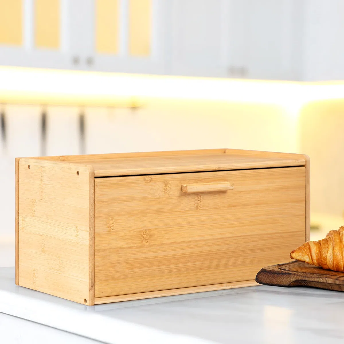HollyHOME Contenitore per il Pane, Rettangolare Naturale in Bambù, con Coperchio Scorrevole, Portatile e Riutilizzabile