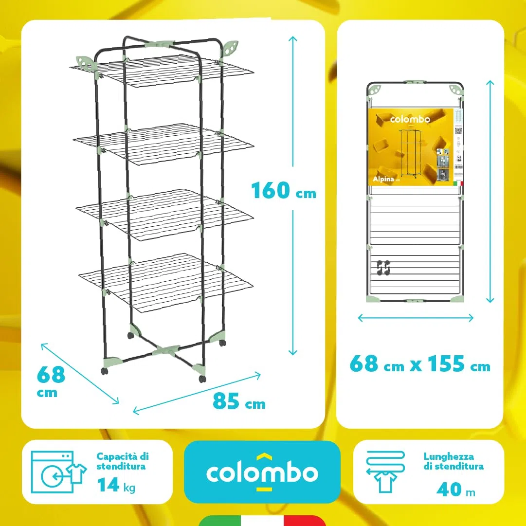 Colombo Stendibiancheria Verticale Tower 40 | Stendino Verticale Pieghevole Salvaspazio in Acciaio Antiruggine con Ruote Antigraffio, Portagrucce | 10 Mollette Incluse | Stenditura 40m | Made in Italy
