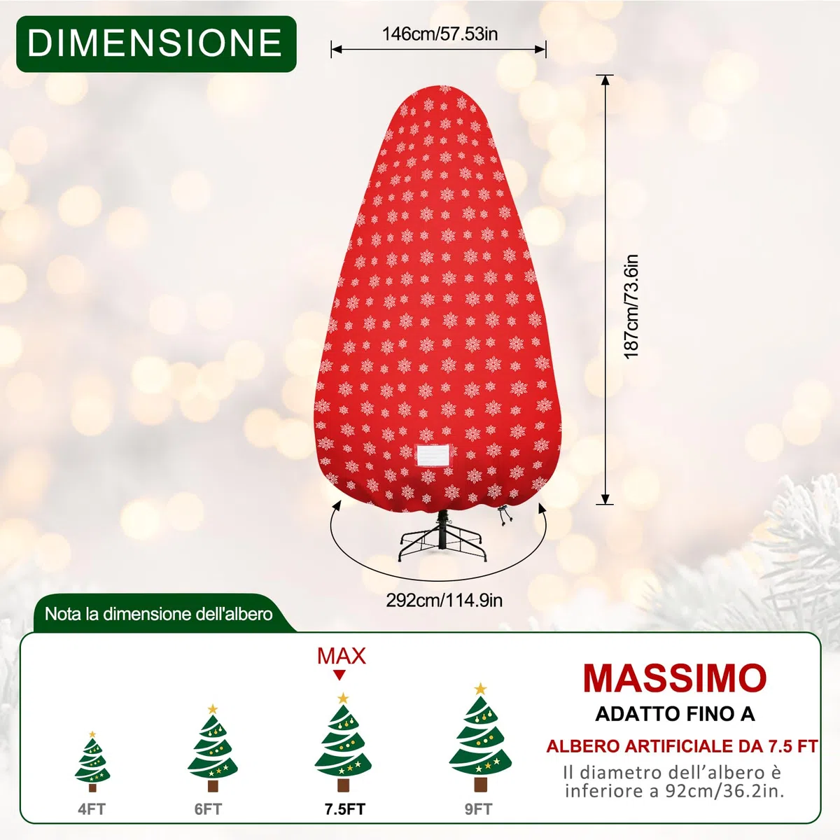 Borsa verticale per albero di Natale, copertura per albero di Natale con cinghie regolabili, resistente agli strappi, per alberi assemblati da 7,5 m, stampa neve rossa