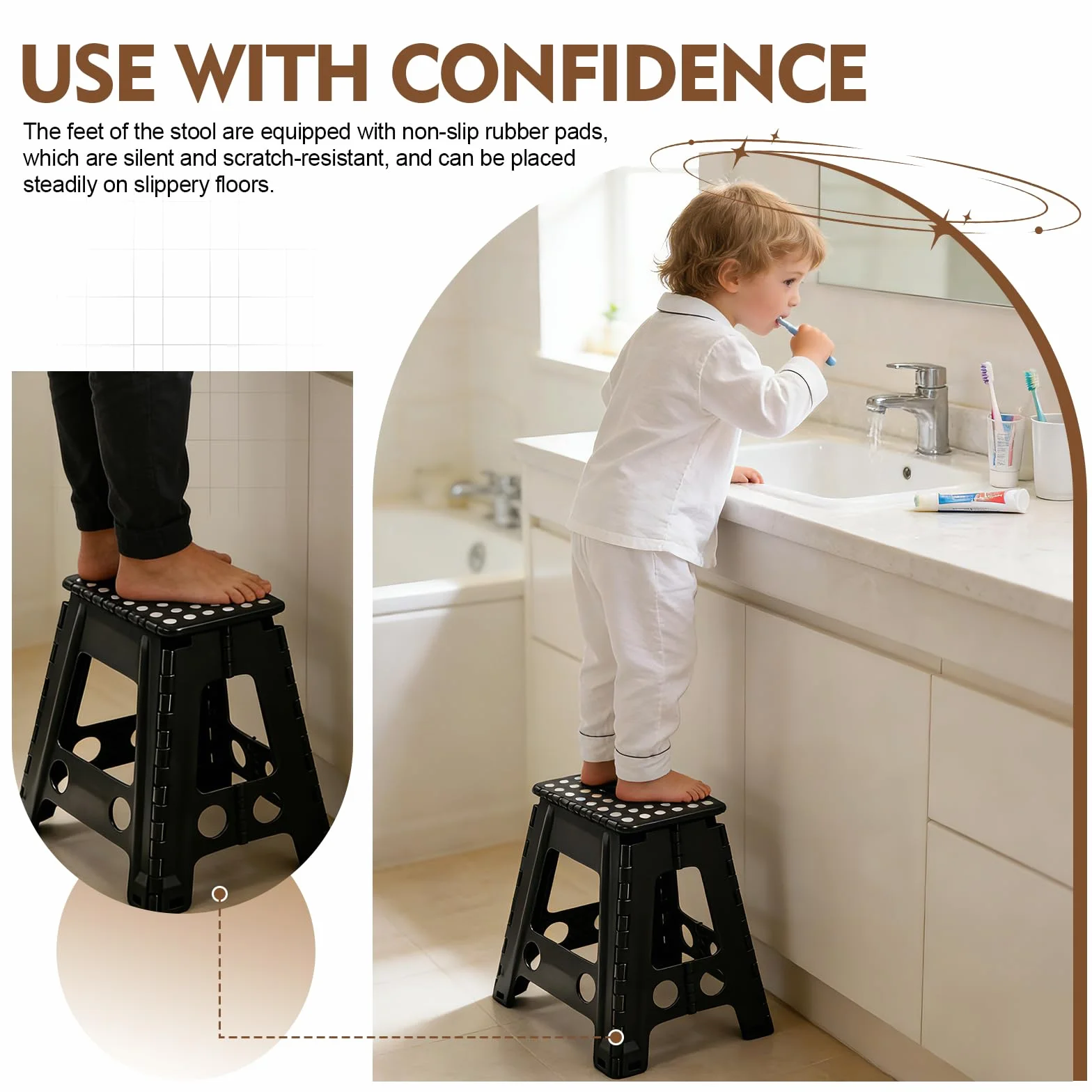 Sgabello Scalino Pieghevole Portatile - Altezza 45 cm - Portata Fino a 150 kg - Con Maniglia per il Trasporto - Stabile per Cucina, Bagno, Camera dei Bambini, Ingresso e Campeggio - Nero