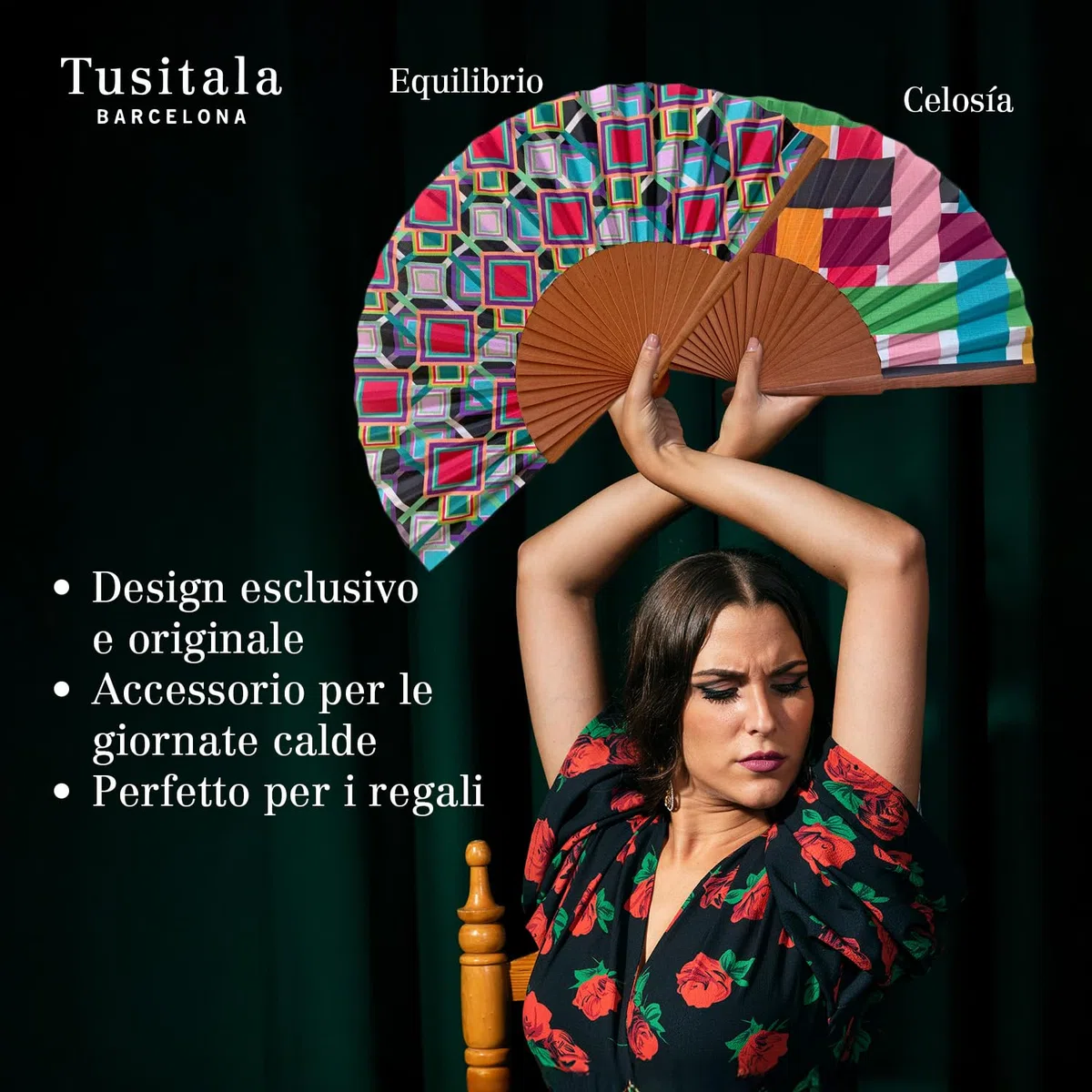 Ventaglio spagnolo Mil Rayas - Legno e cotone - 23 cm - Custodia in yute natural - Accessorio moda - Fatto a mano in Spagna - Eventi e regali - Collezione Geometrie - Tusitala Barcelona