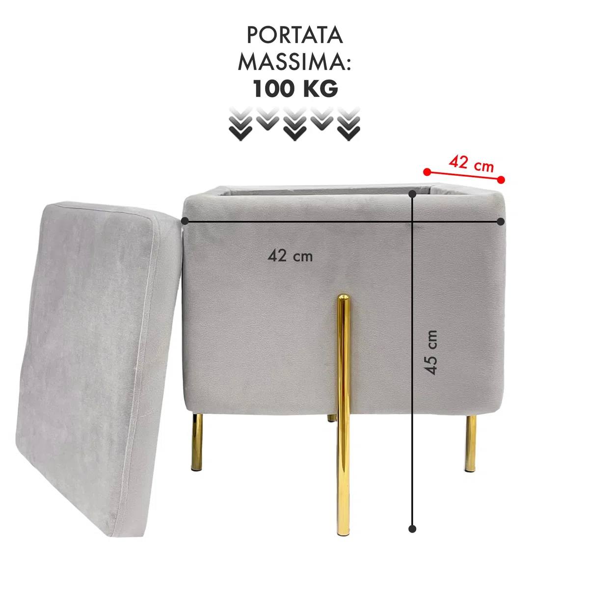 IlGruppone Pouf Contenitore in Velluto con Gambe in Metallo Oro – Poggiapiedi Moderno ed Elegante per Soggiorno, Camera e Ingresso - Grigio