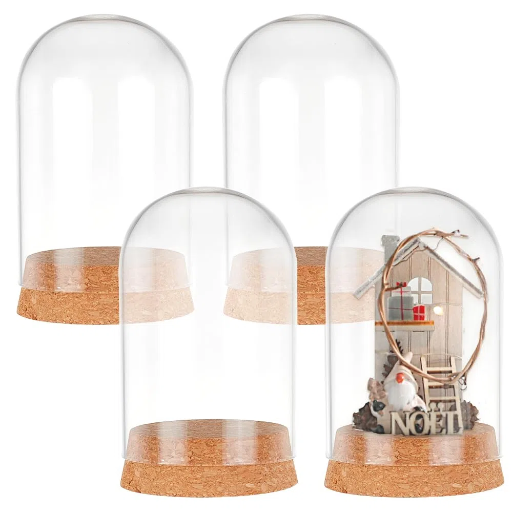 PH PandaHall 4pz Campana di Cloche Campana di Vetro Copertura A Cupola Display Cupola con Base In Sughero Bottiglie di Vetro Cupola Barattoli Decorativi per Conservazione di Fiori Decorazione 6.5x11cm