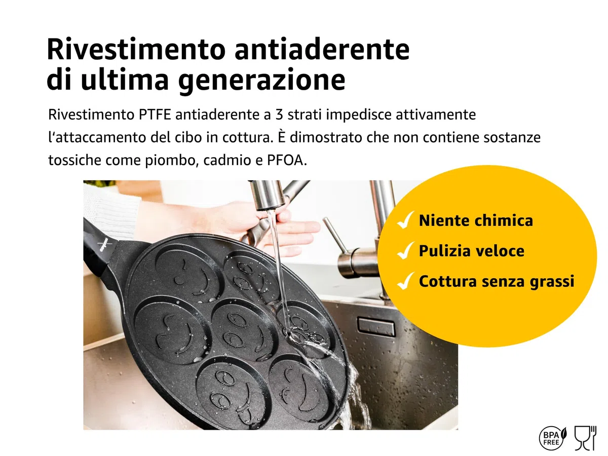 endusor Padella per Pancake con Faccine per Bambini - Ø26cm Padella per Pancakes smiley antiaderente | Per Fornelli a Induzione Gas Ceramica Elettrici Alogeni | Piastra 7 stampi per Pancakes Smiley