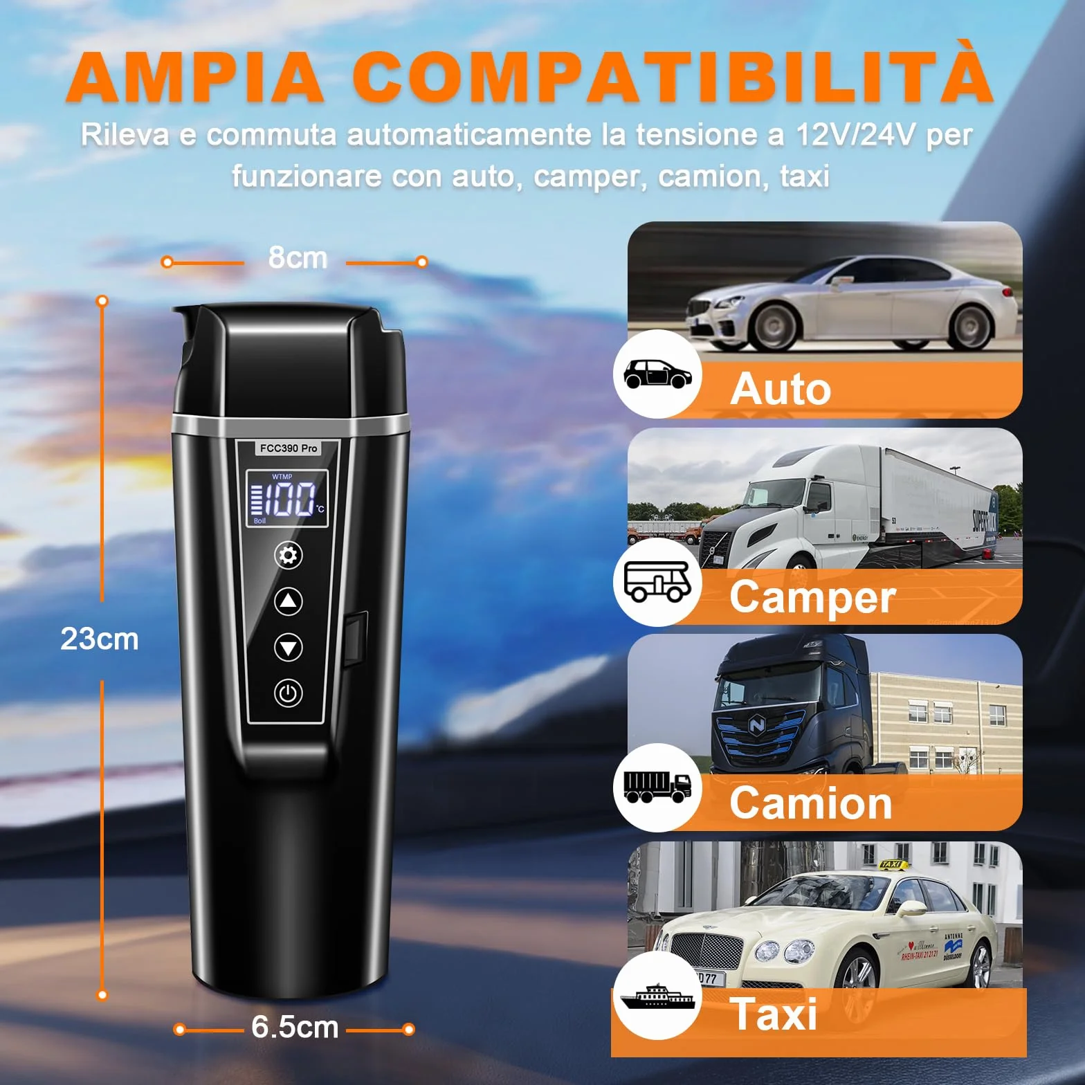 Bollitore Elettrico per Auto 12v e 24v, Piccolo Bollitore Elettrico da Viaggio 450ml per Camion,Auto, Taxi, per Preparare il Tè e il Latte Neonato, con Temperatura Regolabile, Tenere in Caldo